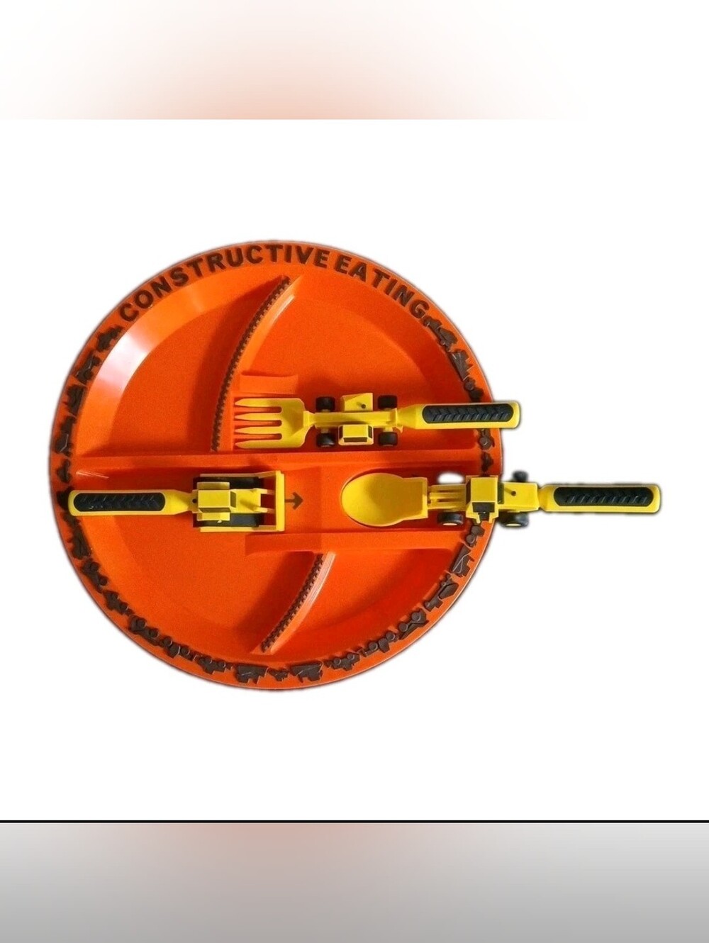 Constructive Eating 9" Plate and 3 Utensils Set Orange Yellow Black Non Skid